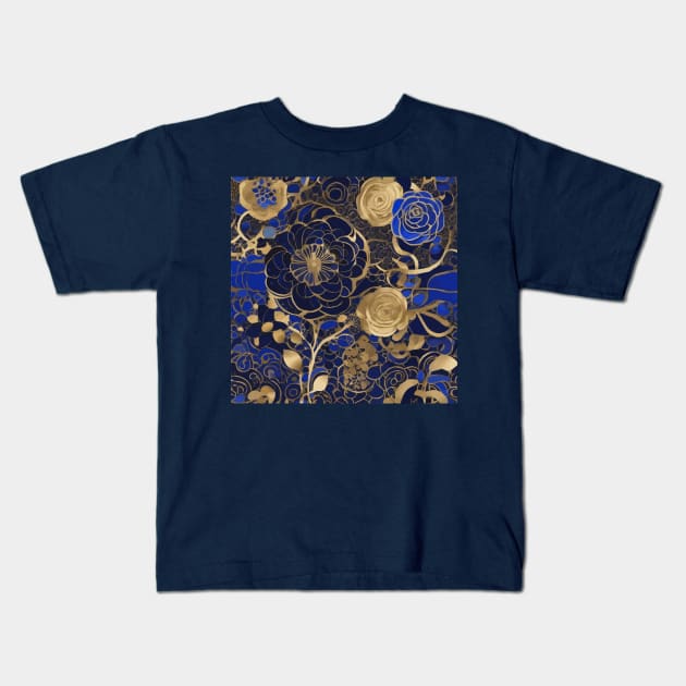 Midnight Blue and Pale Gold Abstract Flower Garden Kids T-Shirt by bragova